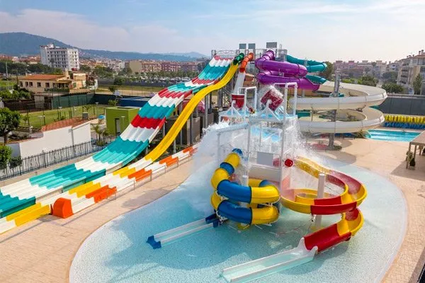 A hotel with water slides